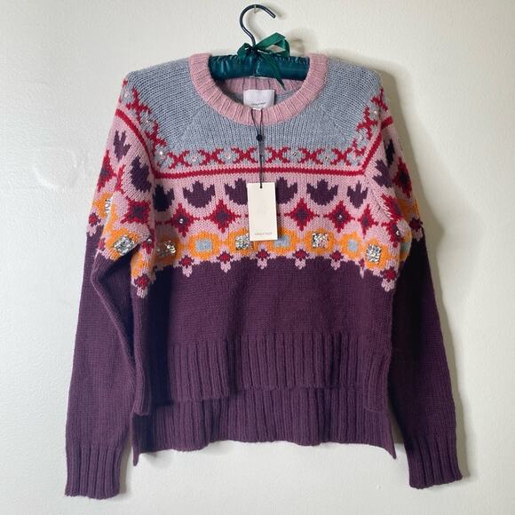 CINQ‎ a SEPT Gianni Fair Isle Sweater Burgundy Wool Sequins Geometric small NEW - Picture 5 of 10